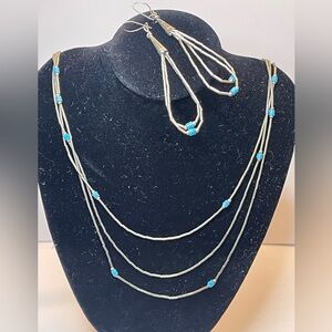 Vtg Navajo Multi-Strand liquid silver Necklace Turquoise matching earrings set